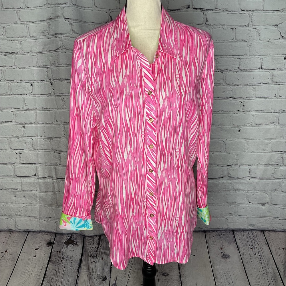 Lilly Pulitzer Pink Long Sleeve Button Front Blouse Flip Down Printed Cuffs 14